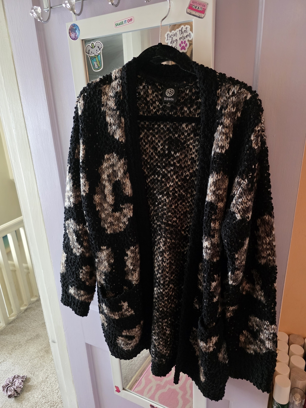 bobeau Black and Cream Leopard-Print Open-Front Cardigan